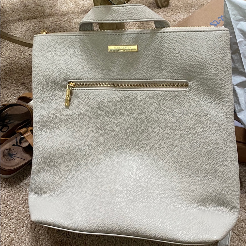 NWOT KATIE LOXTON LONDON Taupe Textured Backpack with Gold Accents